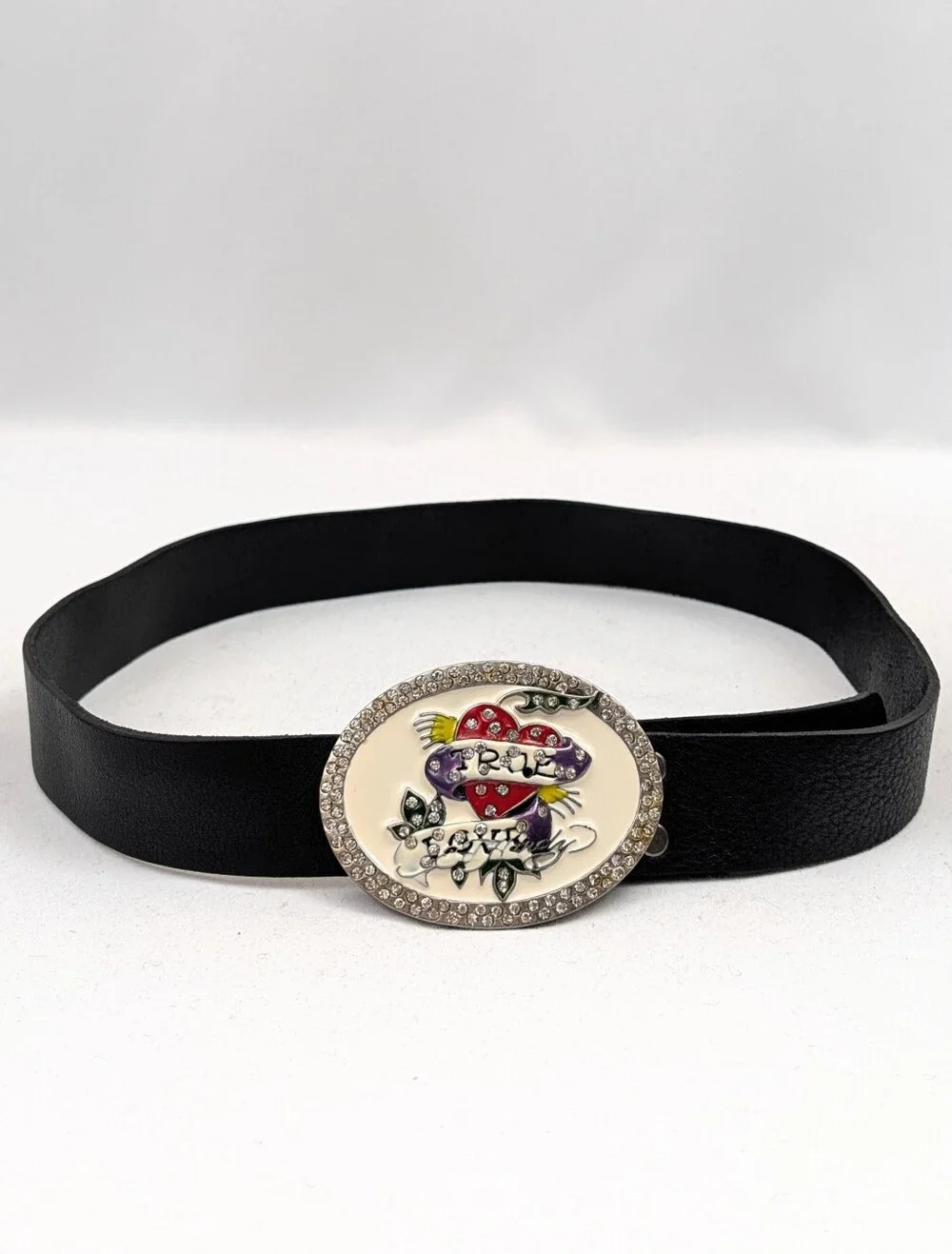 Ed Hardy Leather Belt True Love Enamel & Rhinestone Buckle Y2K Retro Rockabilly